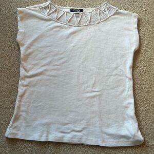 Chaps Cap Sleeve White Shirt with roped design Neckline, Size Petite Small